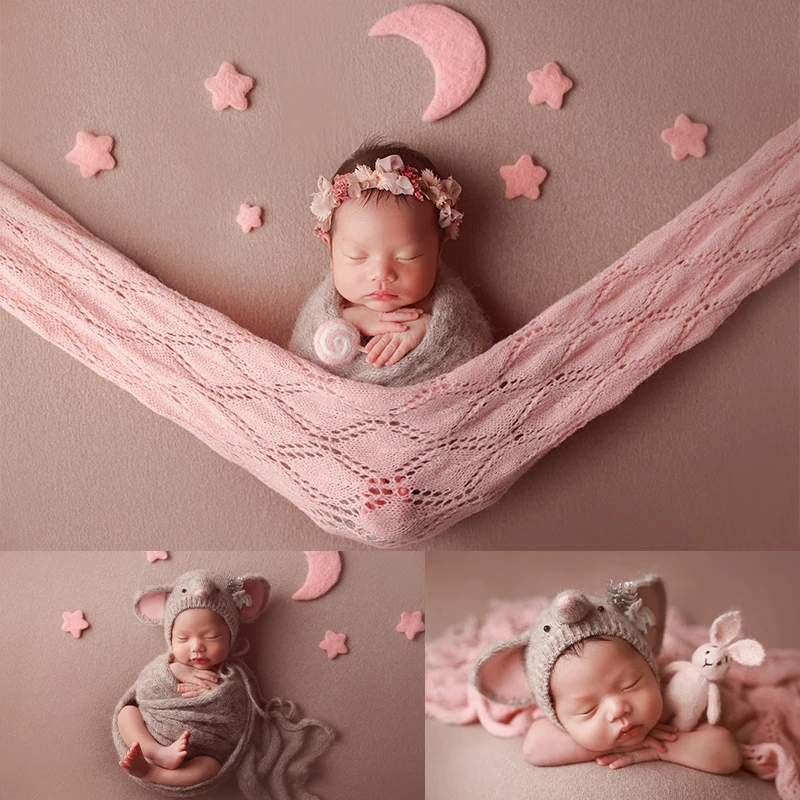 

Baby Photography Outfit, Pink Brown Baby Elephant Hat, Posing Knit Blanket, Bunny Toy and Flower Headband for Newborn Photoshoot