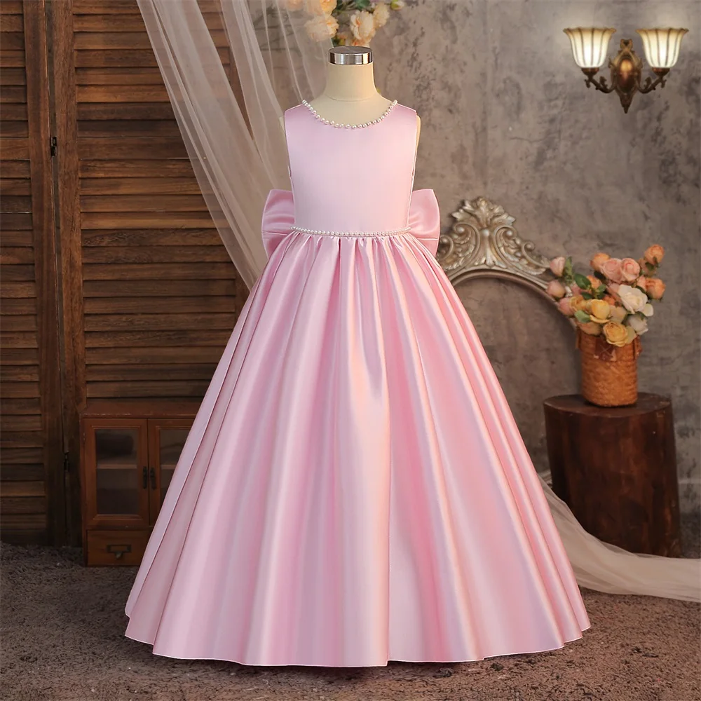 Weißes Blumenmädchen-Kleid mit Perlenstickerei und Schleife, Tüll-Hochzeitsballkleid, Modell-Kostüm für Klavieraufführungen, Bankett, Geburtstag, Prinzessinnenkleid – Detail 2