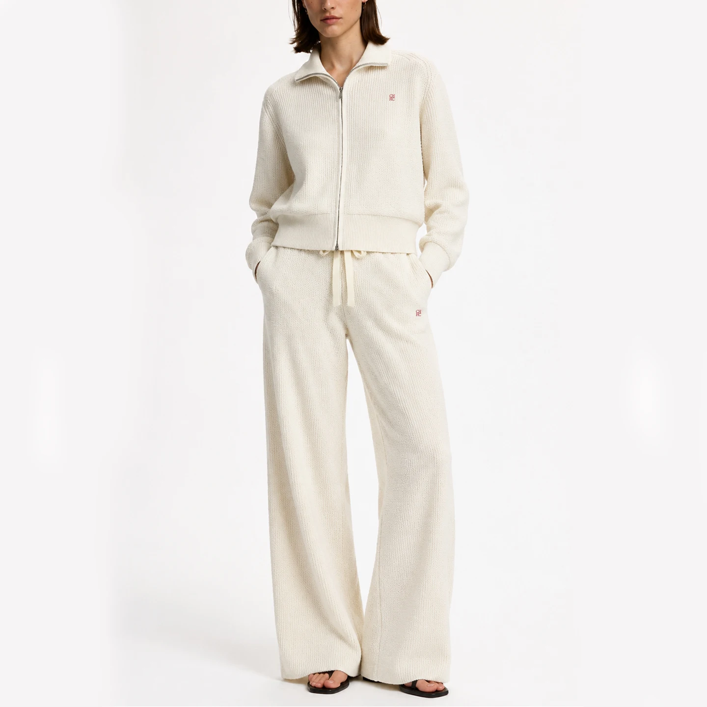 Women Zip Up Collar Knit Two Piece Set Red Embroidered Logo Long Sleeve Cardigan Drawstring Wide Leg Pants Outfit Suit