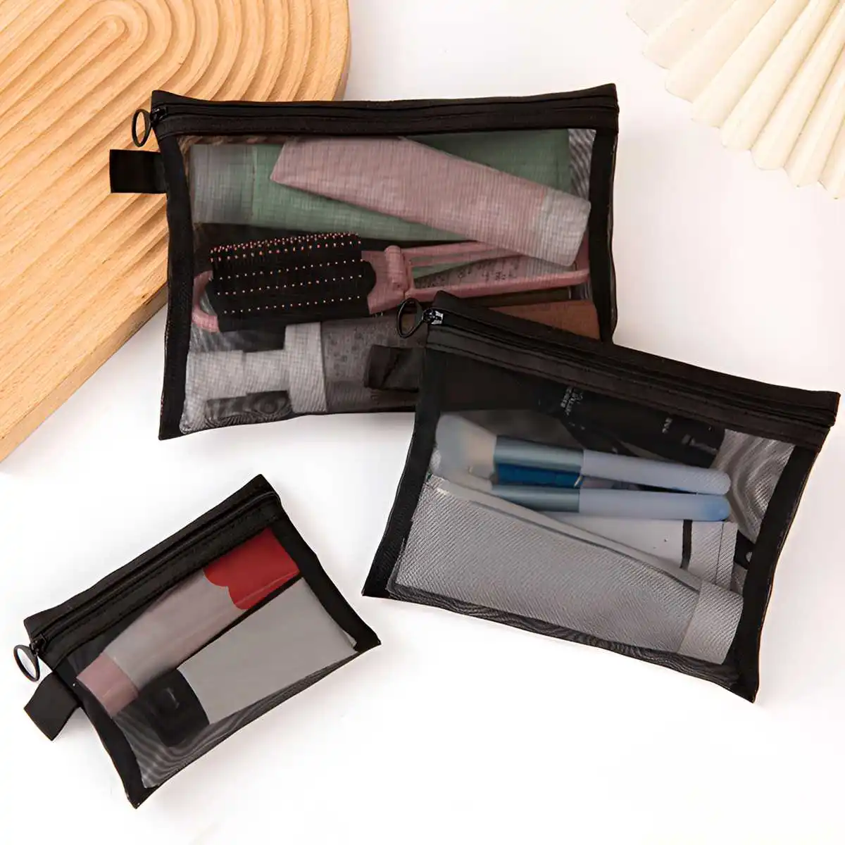 Nylon Black Mesh Washbag Portable Storage Bag Lipstick Makeup Organizer Simple Travel Makeup Bag