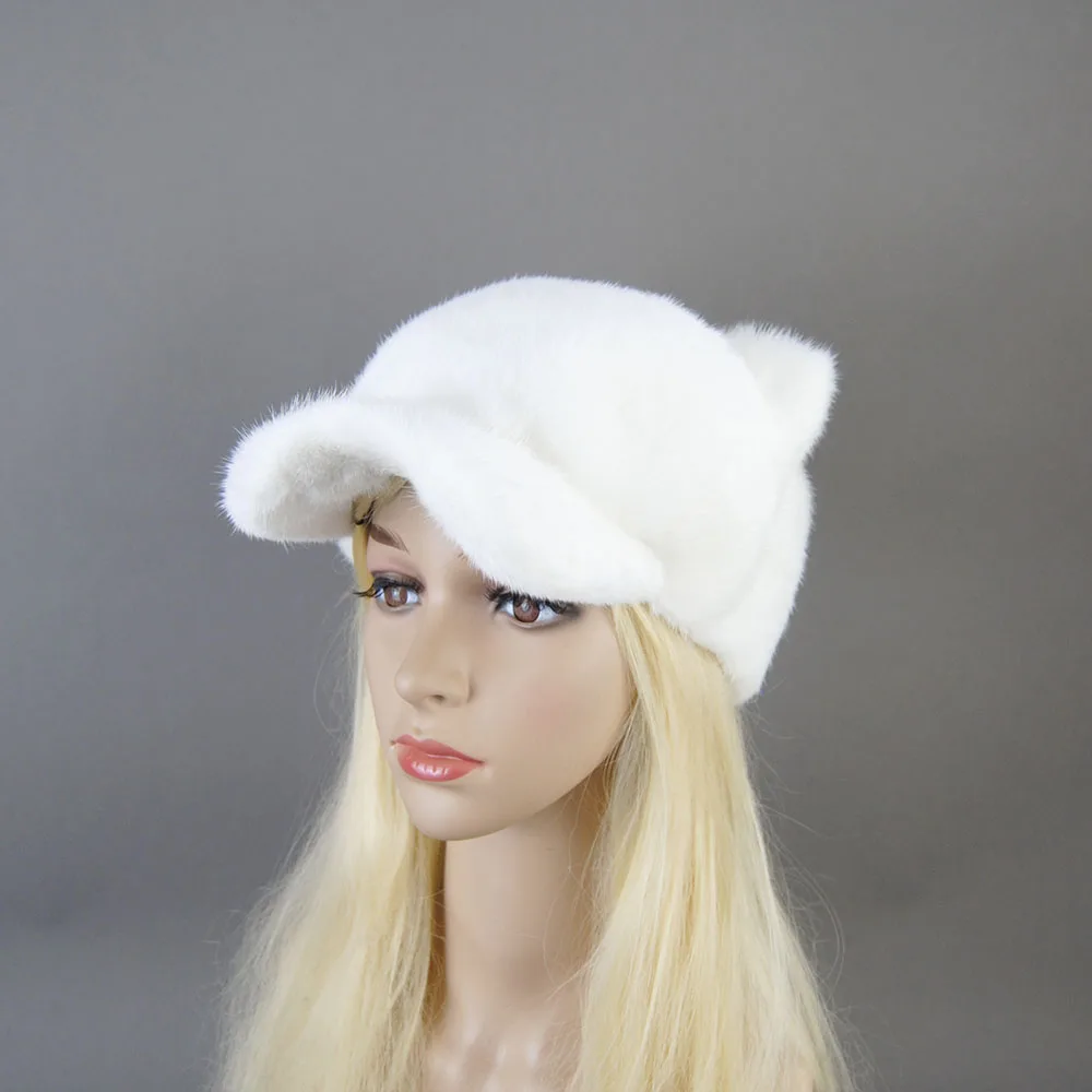 Autumn Winter Hat For Girl Women With Warm Luxury Natural Mink Fur Hat Stylish Design Bonnets Distinctive hat with Tail Ears Cap