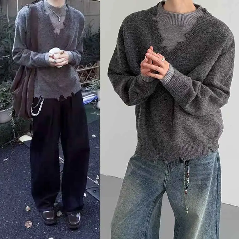 

Новый зимний мужской искусственный двухсекционный свитер с длинными рукавами, американский ретро-модный модный свободный повседневный нишевый мужской топ на High Street