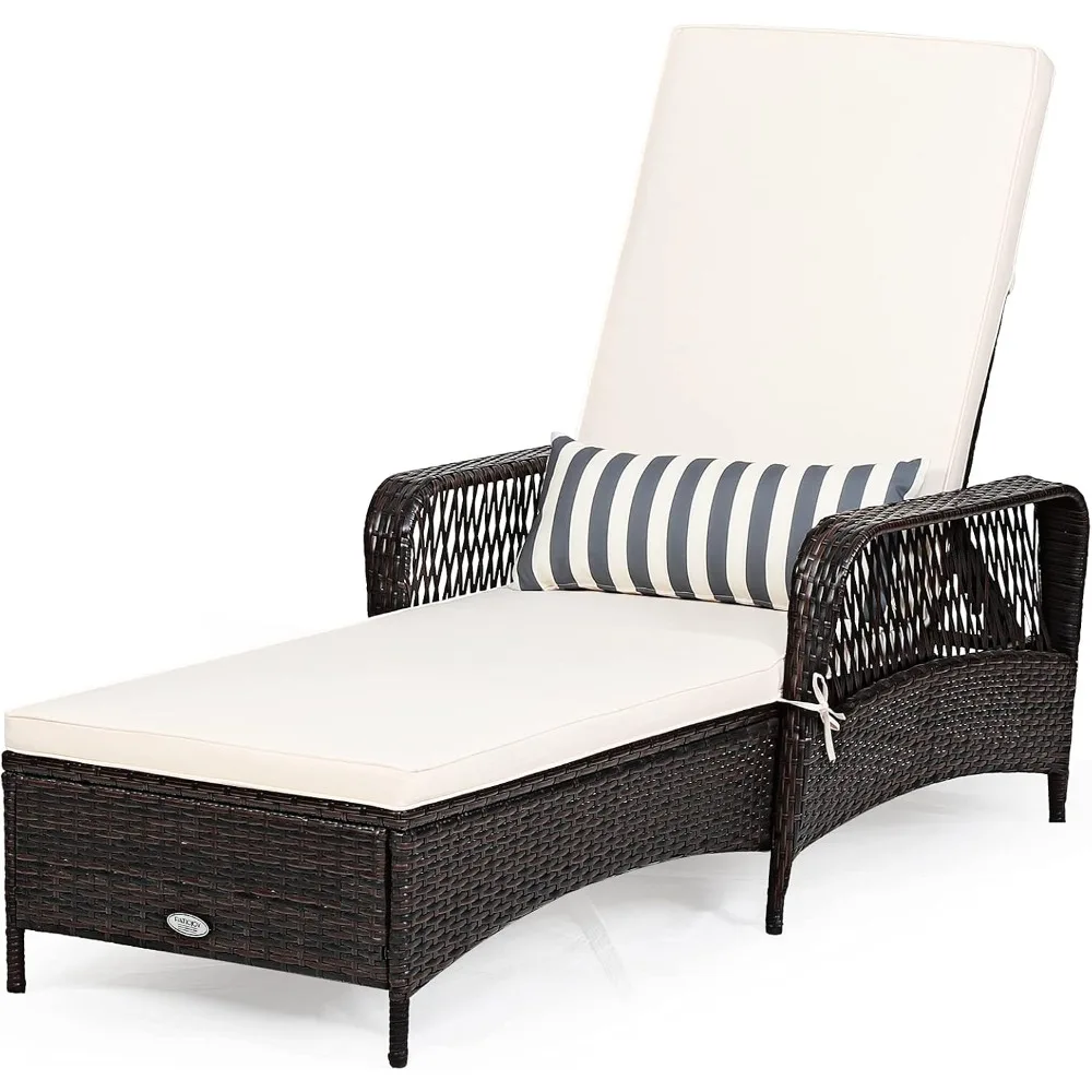 

Patio Wicker Chaise Lounge Chair, Outdoor Rattan Reclining Chaise w/ 6-Gear Adjustable Backrest, Thick Padded Cushion & Removab