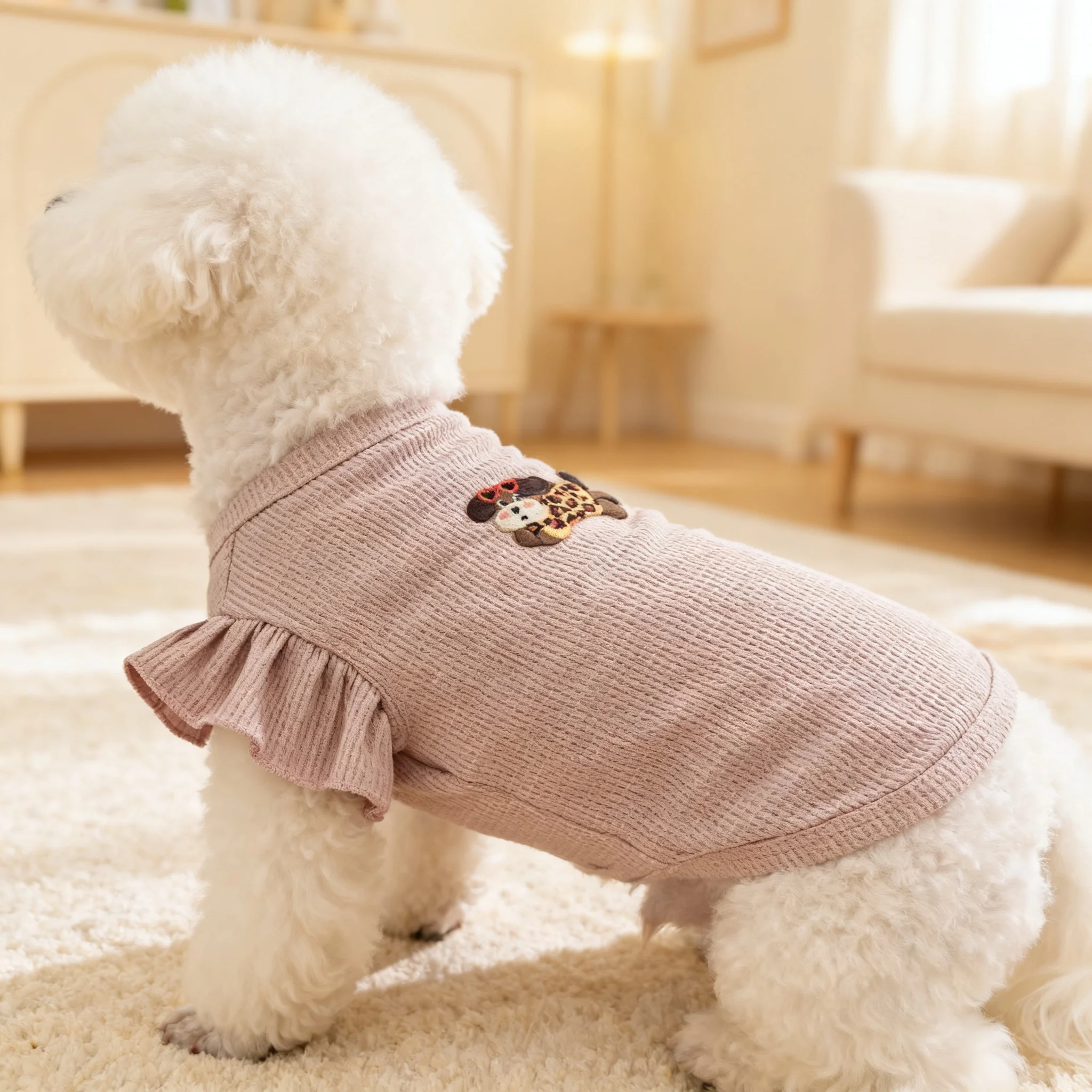 Geripptes Rüschen-Tanktop für kleine Hunde, Leopardenmuster-Welpen-Shirt mit Schleifenstickerei, ärmellos, weich und atmungsaktiv ﻿ – Detail 4