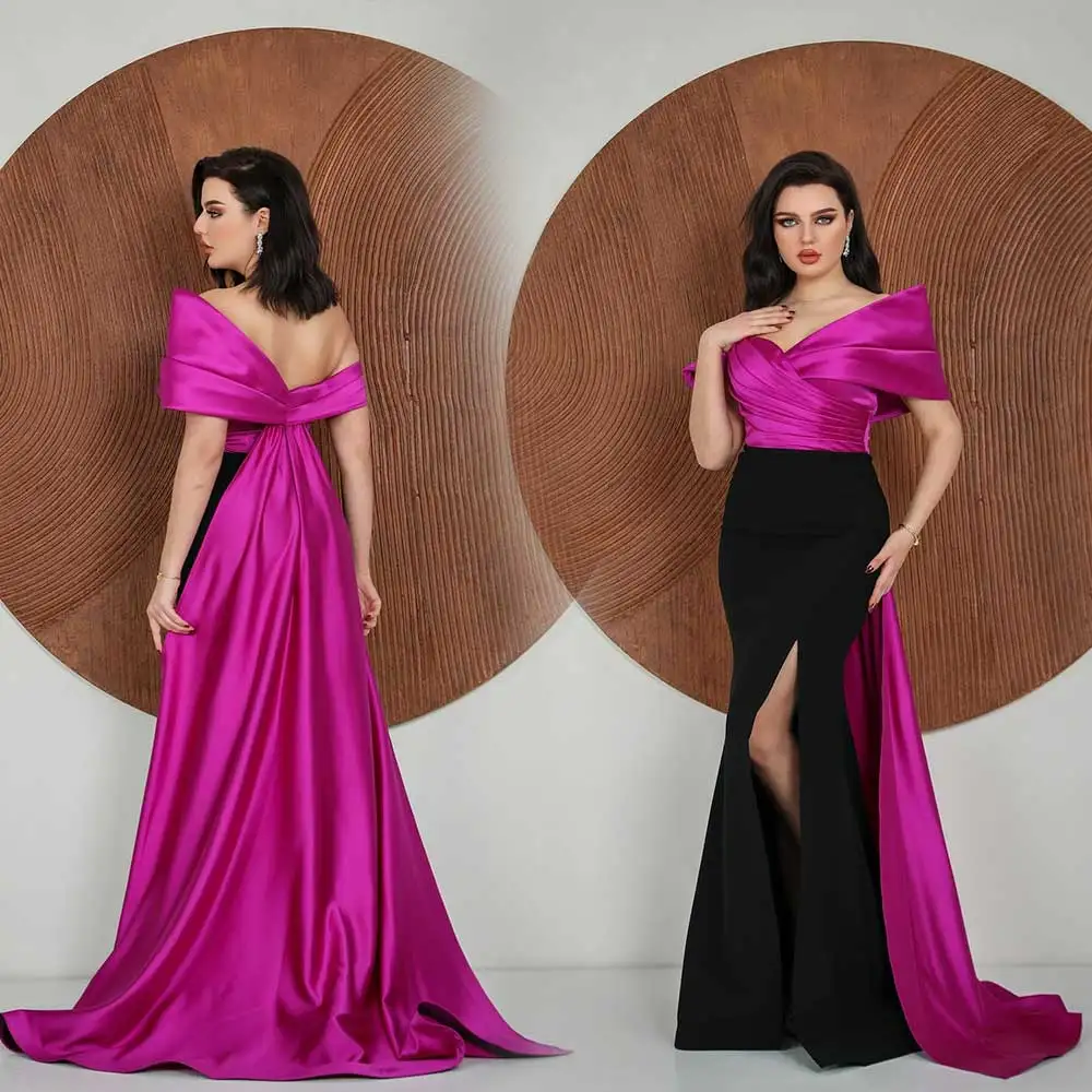 Retro Mermaid Prom Gown V-Neck Off Shoulder Splicing Draped High Slit Women’s Jersey Romantic Backless Evening Dresses