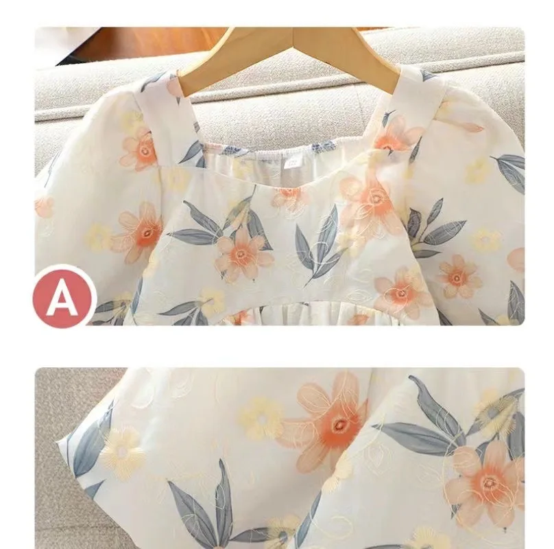 2024 summer girls cotton mesh Floral chiffon t shirt tops blouse + demin short jeans hot pant teenager children set 5 12 year