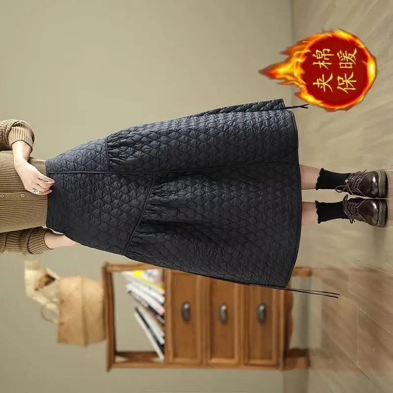 

2025 New Autumn Winter Lingge Cotton Clip Skirt Women's Half Skirts Good-looking Windproof Warm A-line Long Skirt Female