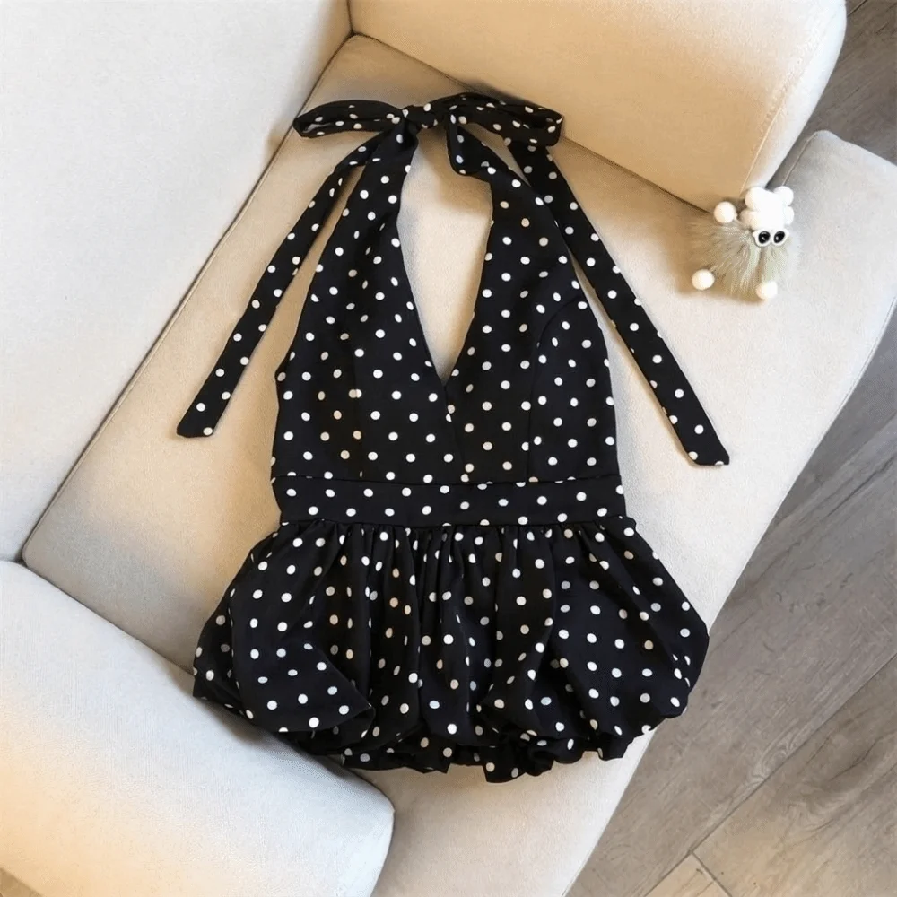 Sexy Neck Hanging Backless Crop Top Dot Pattern Open Back Halter Crop Top Basic Style Sleeveless Tee Summer