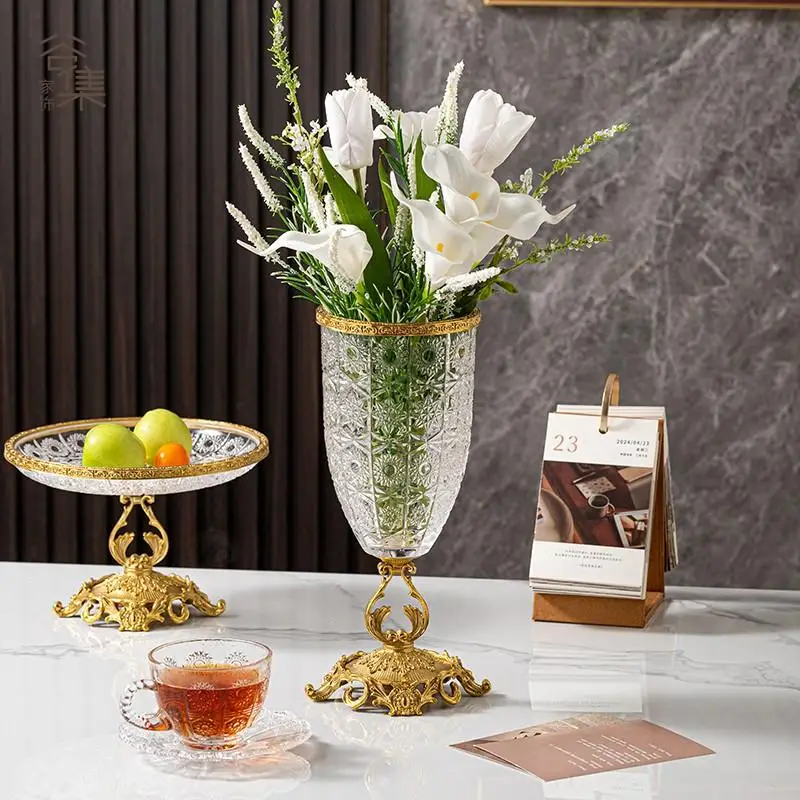 American luxury crystal glass with copper base, high-end home ornament, size number, flat plate fruit bowl, storage jar, vase.