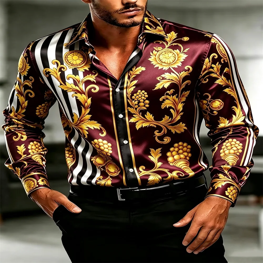 Men's satin long sleeved shirt, black and white striped printed button up shirt, lapel top, party, wedding, nightclub t shirt