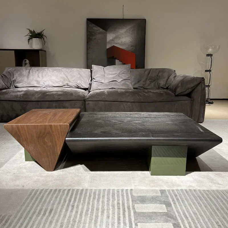 Affordable and creative coffee table combination: simple asymmetrical wood + green legs (for living room use)