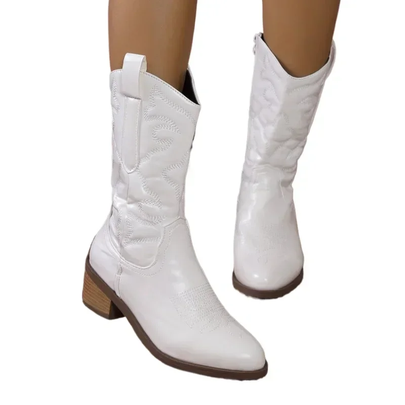 

White Mid-calf Boots Woman Side Zipper Pointed Western Cowboy Boots Retro Fashion Women Boots Plus Size 36-43 NoEnName NuII