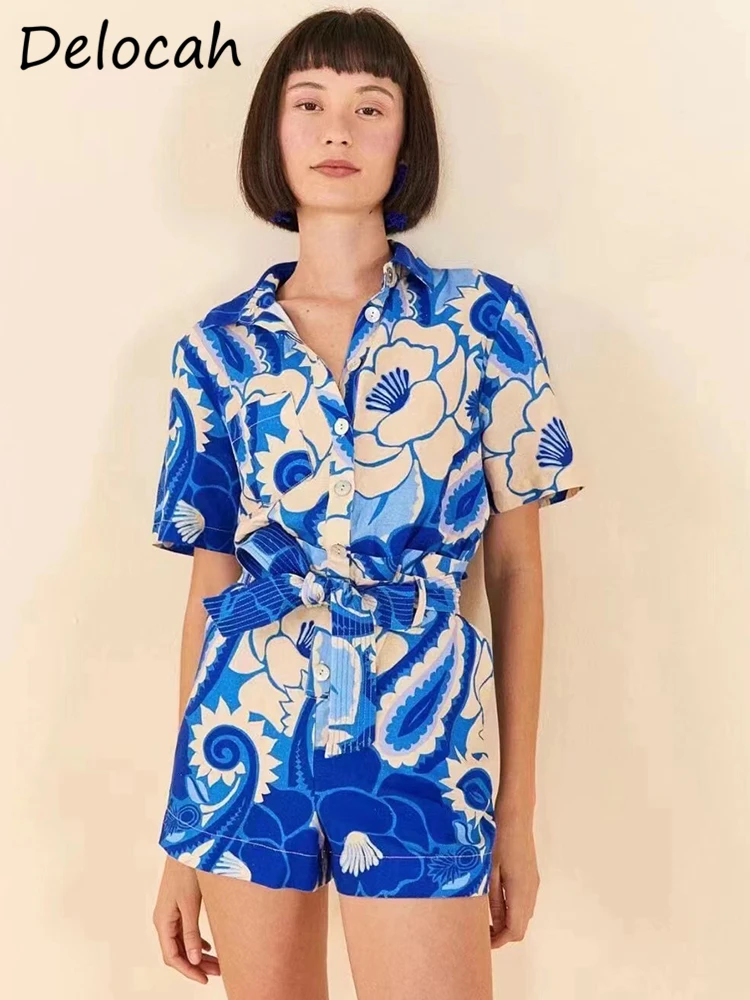 Delocah High Quality Summer Women Fashion Runway Bodysuit Short Sleeve With Belt Blue Floral Printed Pockets Patchwork Playsuits