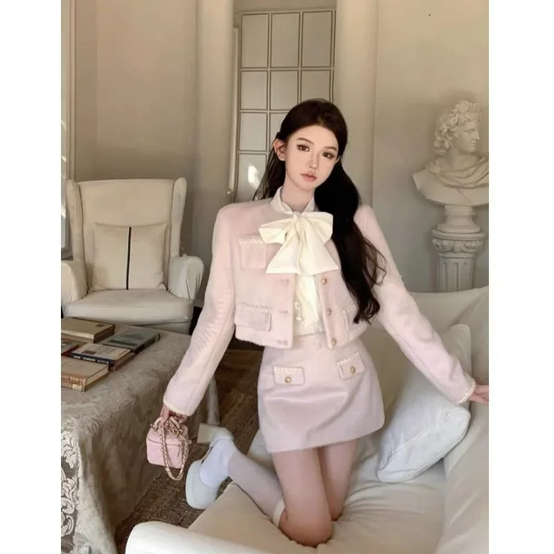 Xgoth pink women\'s skirt set long sleeve short tweed jacket tops small fragrance hip wrap mini skirts hot girls three-piece sets