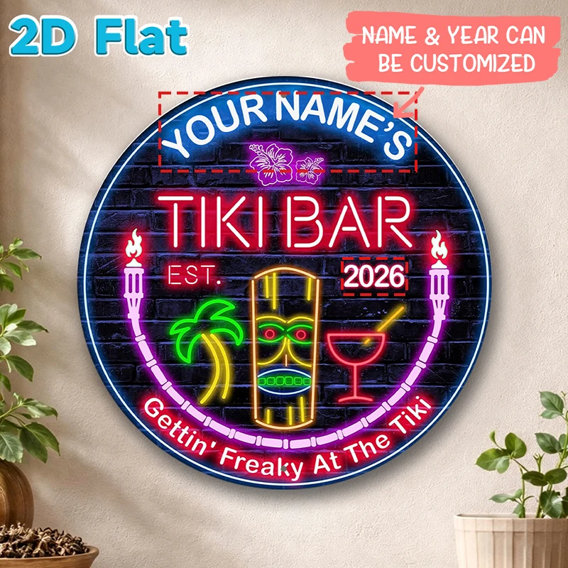 Letrero Redondo de Metal Personalizado con Nombre y Año, Decoración de Máscara Tiki y Palmera, Placa Decorativa para Patio Trasero, Arte de Pared
