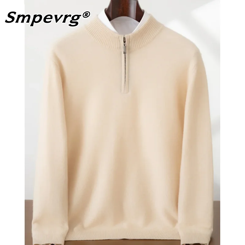 smpevrg Men's 100% Cashmere Sweater Zipper Pullover Mock Neck Long Sleeve Basic Cashmere Knitwear Autumn Winter Clothing Tops