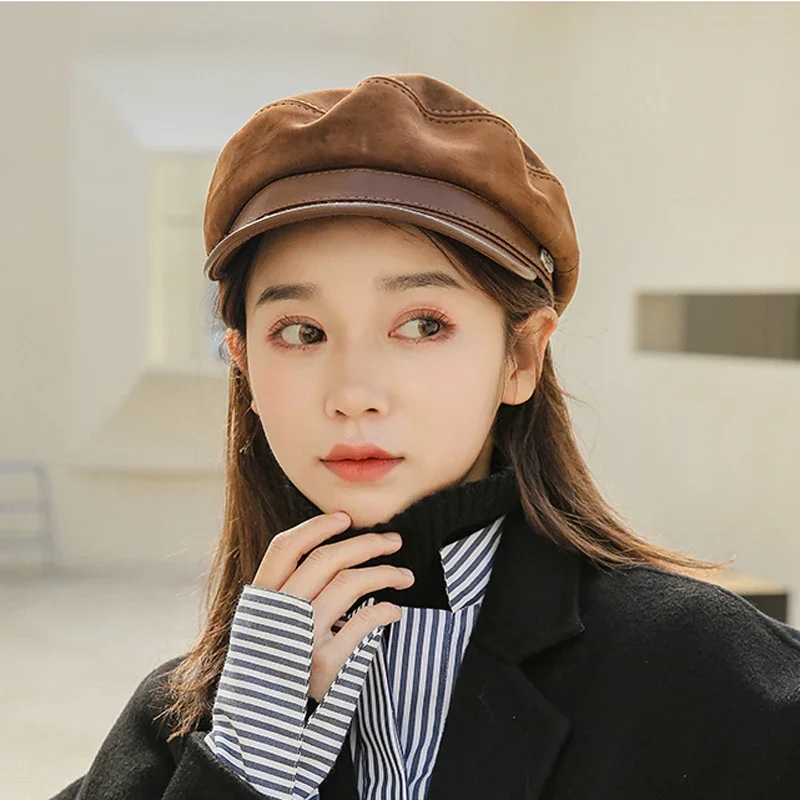 New Women Spring/Winter High Street Genuine Leather Flat Military Hats Leisure Time 55-60 cm Customized Size Outdoor Snapback