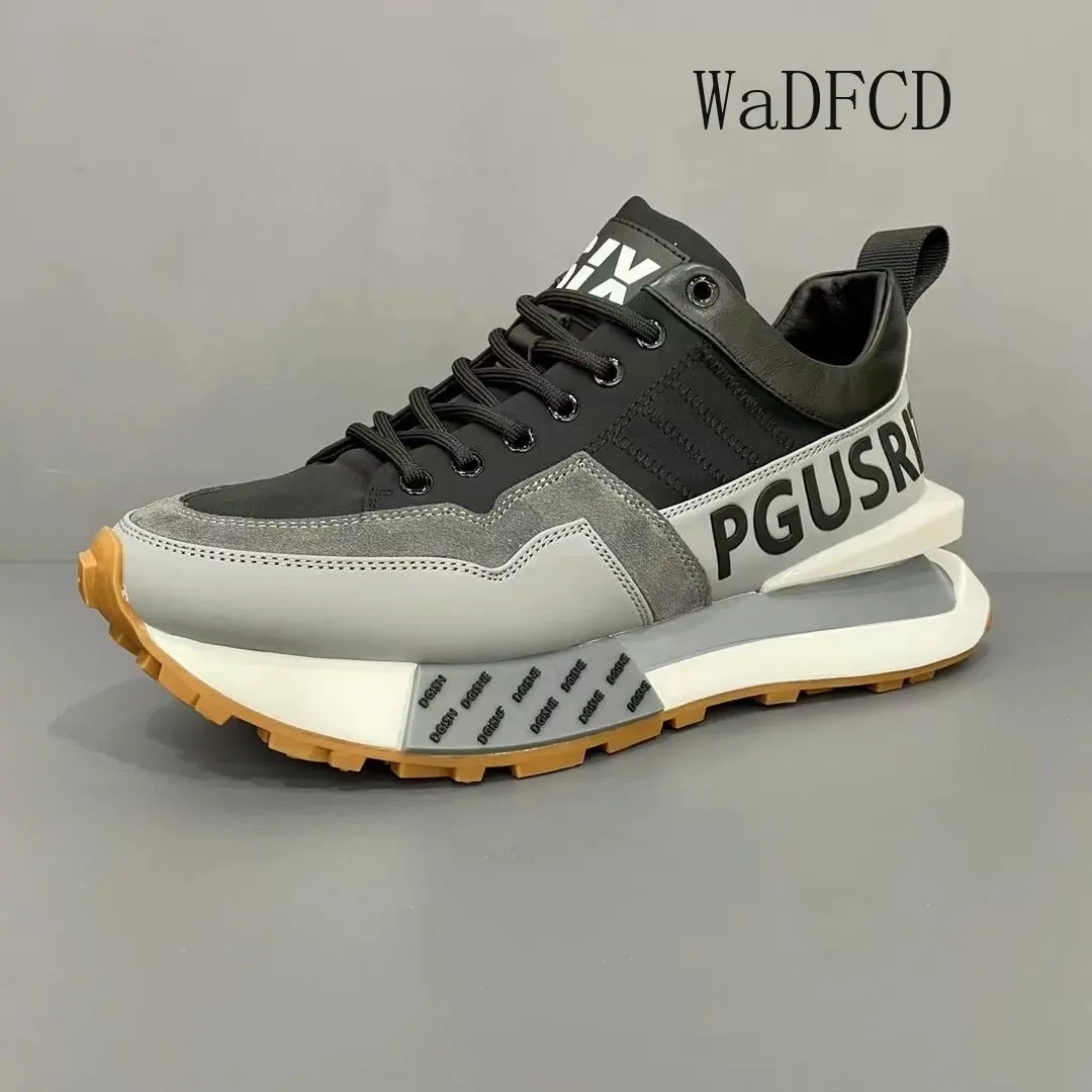 Chunky Sneakers Men Women Retro Running Shoes Fashion Casual Genuine Leather Fabric Breathable Height Increased Platform Shoes