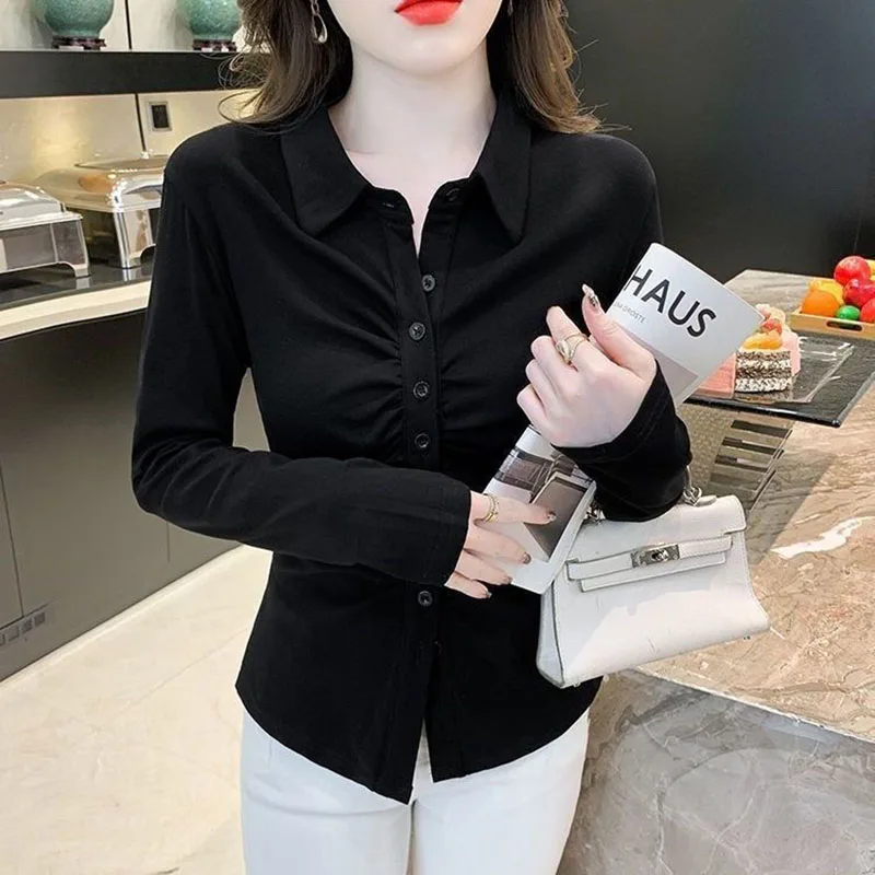 Fashion Lapel Solid Color Button Folds Shirts Women\'s Clothing 2023 Autumn Winter Loose Elegant Tops Office Lady Blouses