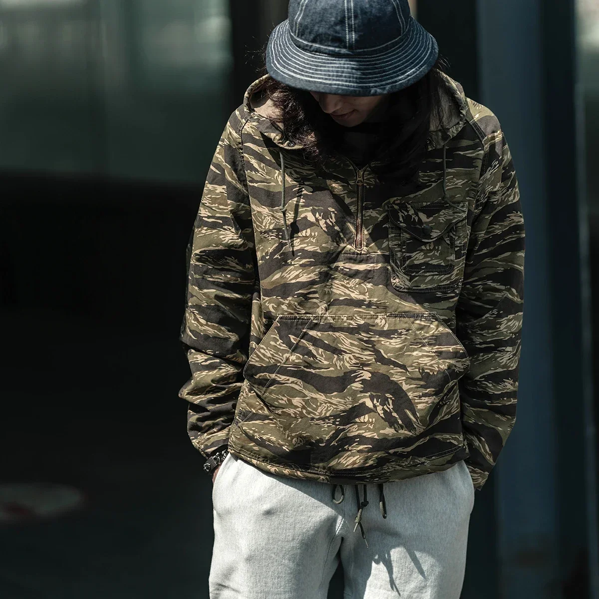 Non Stock Golden Tiger-Stripe Camouflage Pullover Men's Set-In Sleeve Military Smock