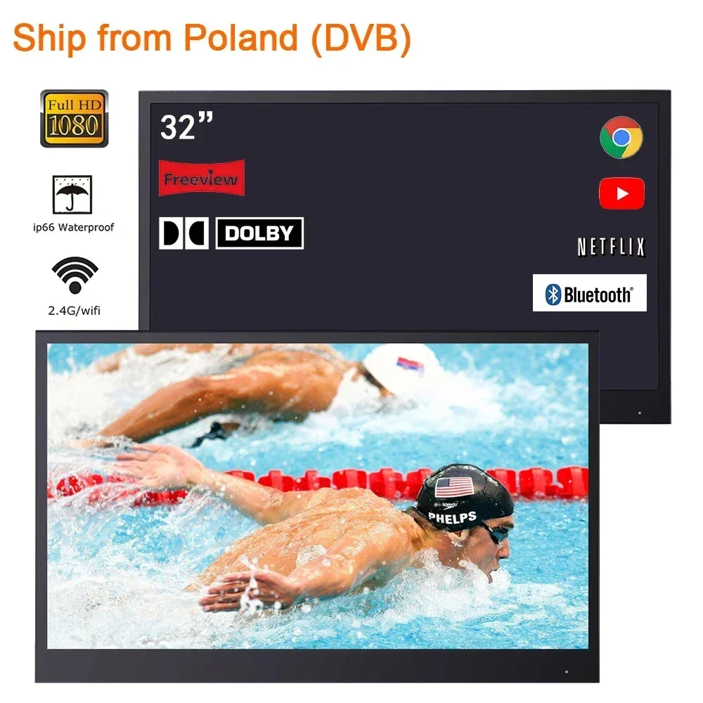 32 inch Black Color Smart Bathroom Waterproof LED TV for Bathroom Shower Android Television IP66 SPA Warehouse in Europe