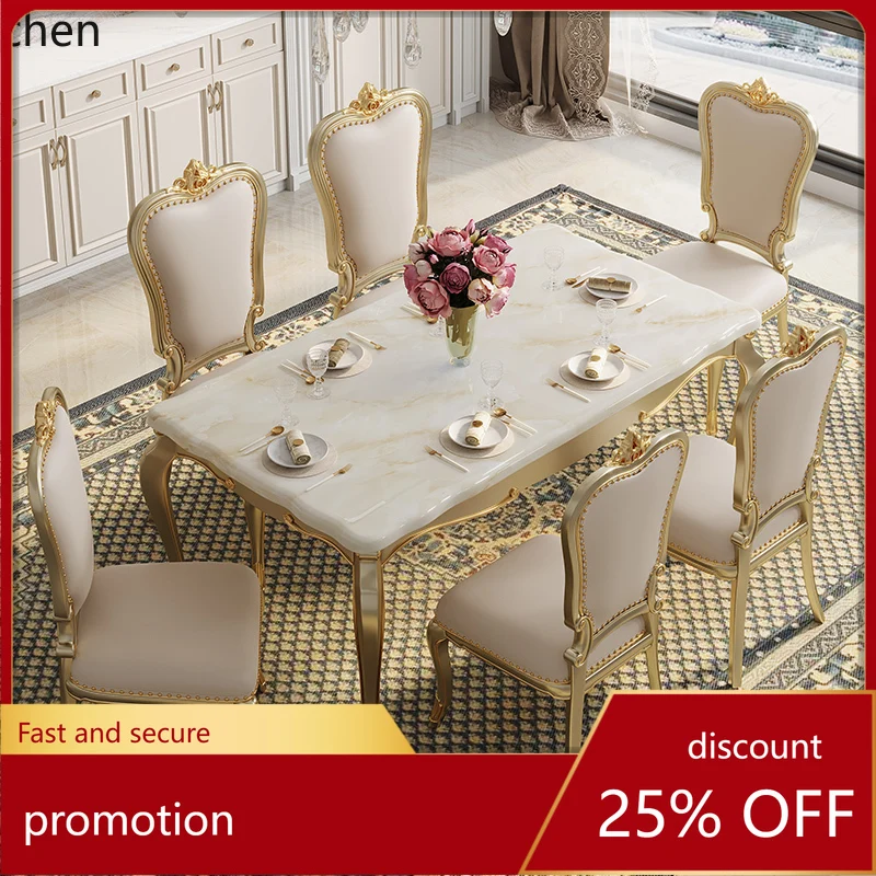 

HT marble solid wood dining table household small apartment one table six chairs dining table and chair combination