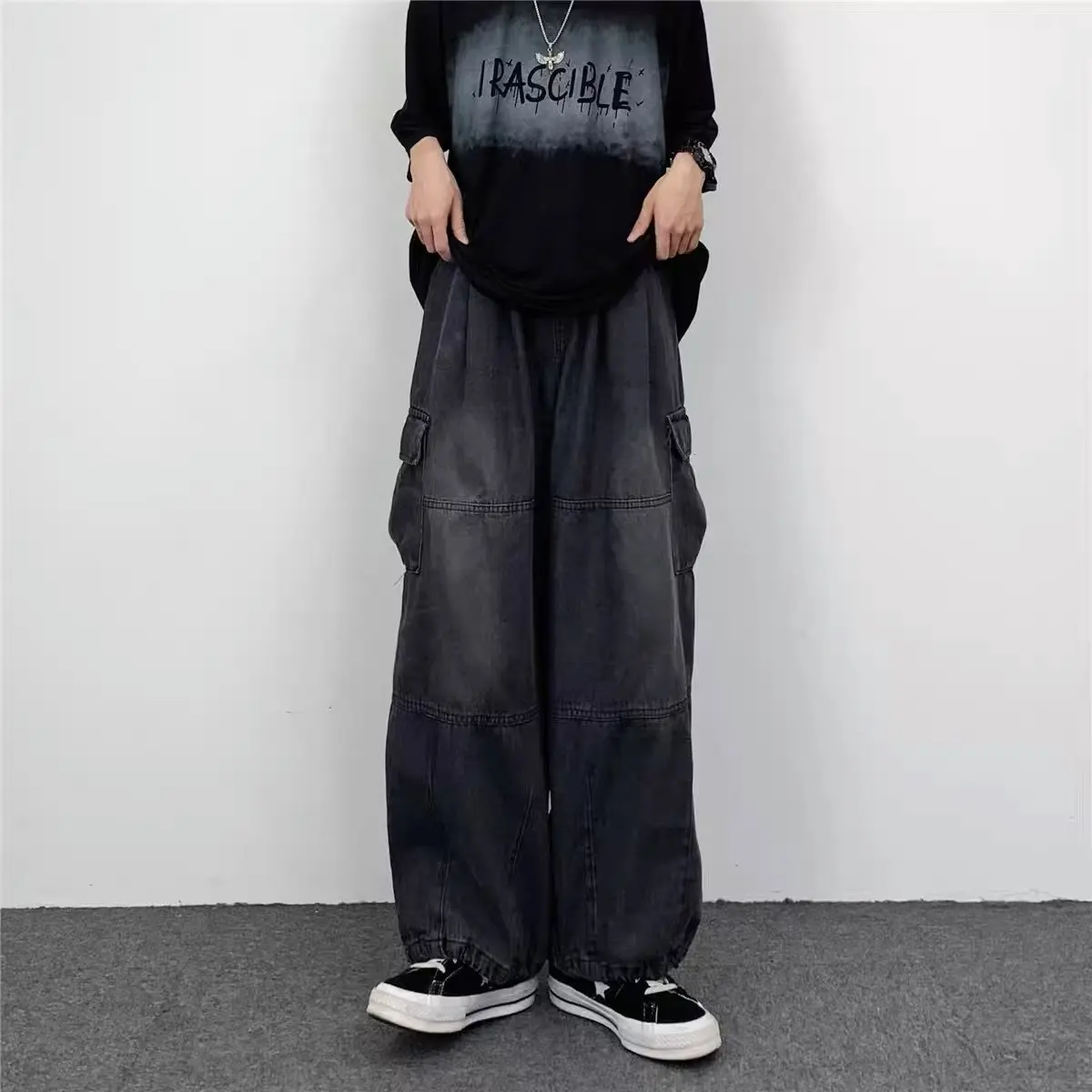 2024 pantalones vaqueros holgados, pantalones vaqueros para hombre, pantalones de pierna ancha negros, pantalones vaqueros para hombre, ropa de calle coreana de carga de gran tamaño, Hip Hop Harajuku
