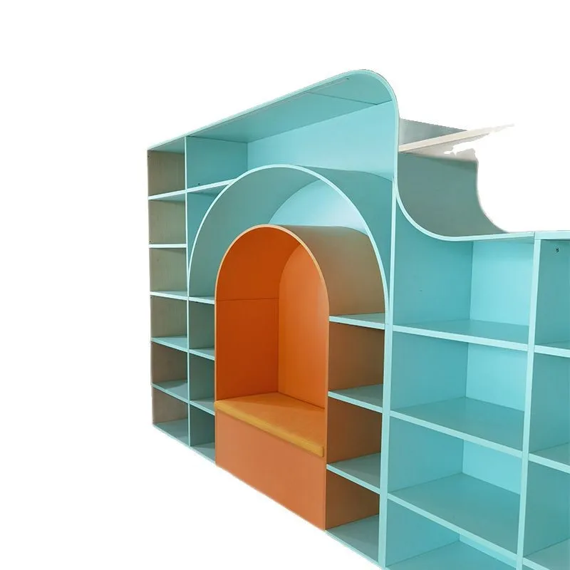 Floor-to-ceiling multi-layer special-shaped reading grid bookcase with light strip, wooden large library children's room