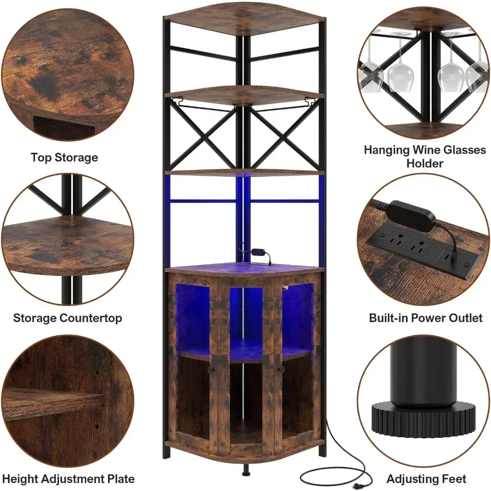 Armoire à vin avec prise de courant, armoire à vin avec lumière LED et porte-verre, armoire à vin d'angle avec étagère réglable