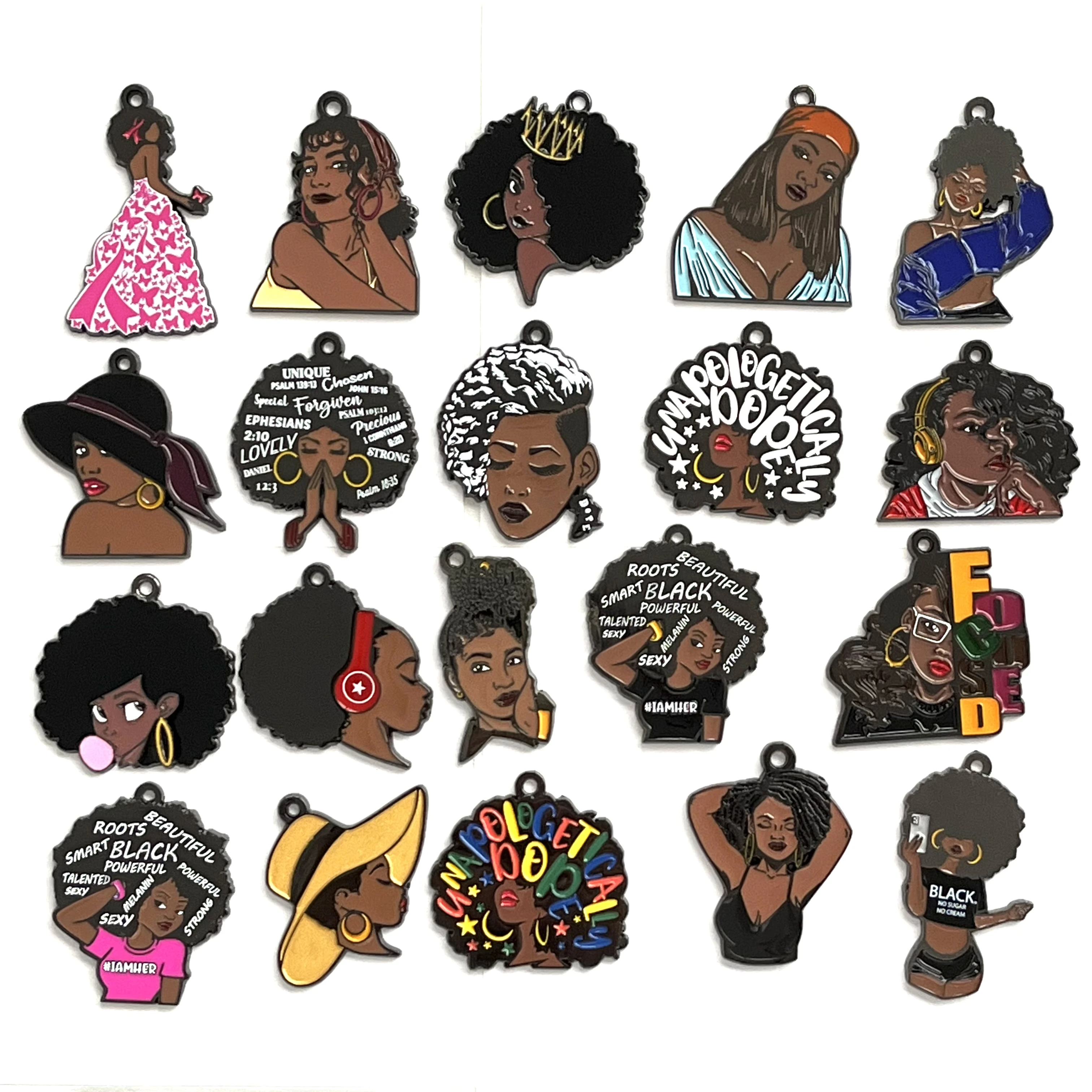 20pcs Afro Woman Black Girl Magic Charms Enamel Pendant for DIY Gift Jewelry Wholesale Key Chain Bracelet Necklace Hand-Making