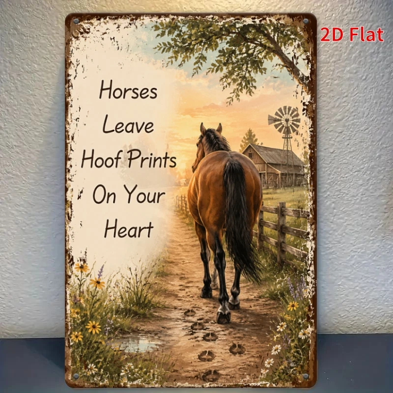 2D Flat, [2Dflat], 1pc 11.81x7.87inch- Horses Leave Hoof Prints On Your Heart Sign, Horse Lover Decorative Sign, Vintage Wall Ar