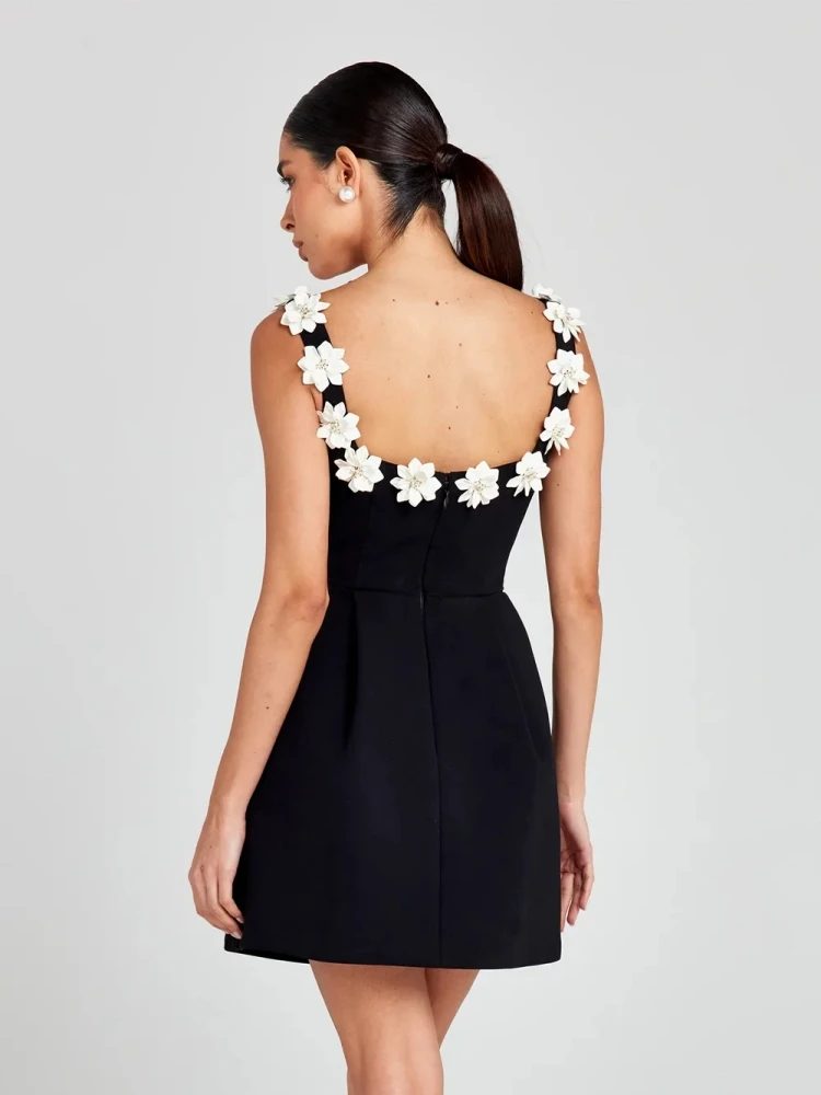 Sexy Straps Appliques Flower A-line Mini Bandage Dress Women Black Sleeveless Square Neck Floral Slim Drresses Elegant Celebrity