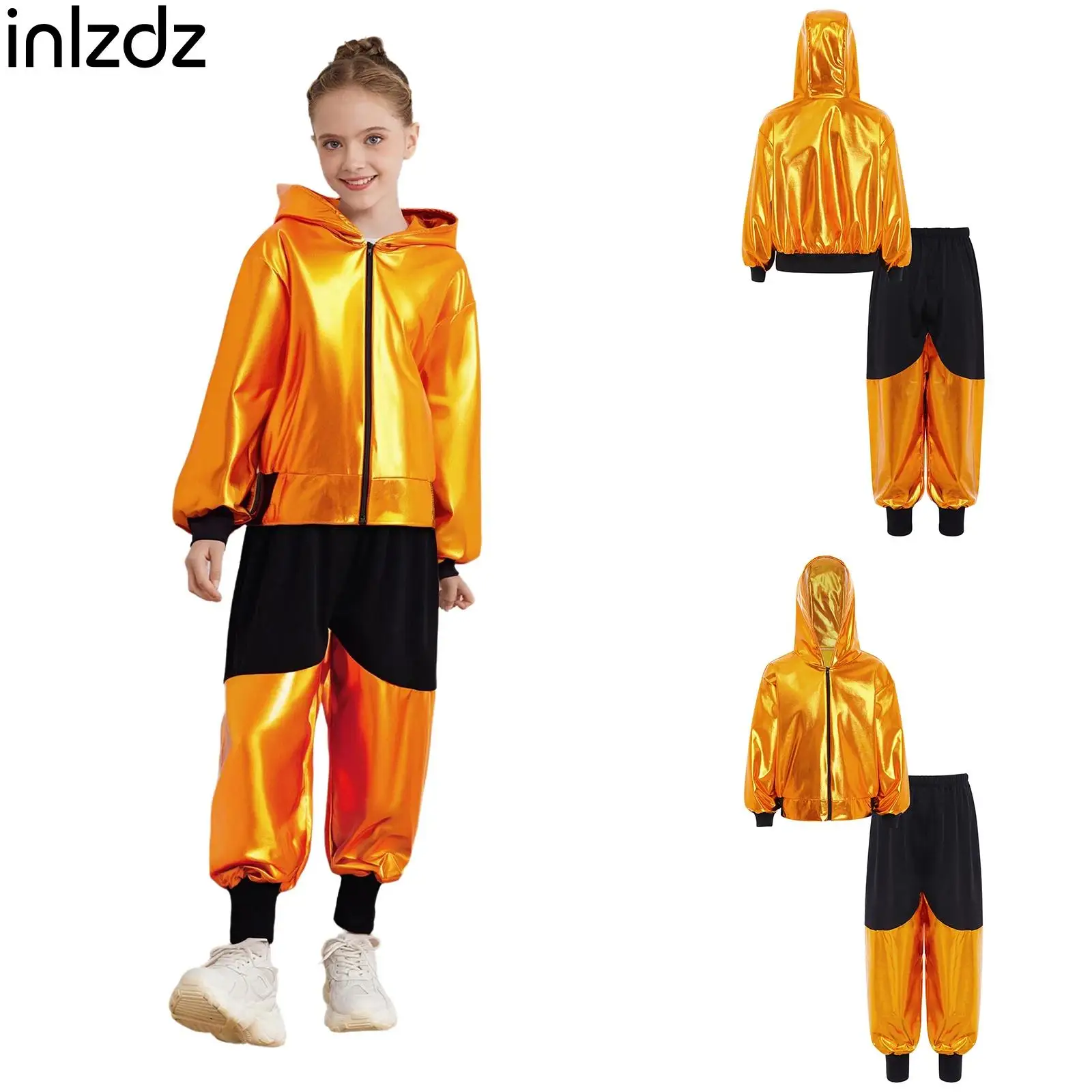 

Unisex Children Hip-Hop Jazz Dance Outfit Kids Girls Boys Fashion Performance Clothes Long Sleeve Metallic Hooded Jacket+Pants