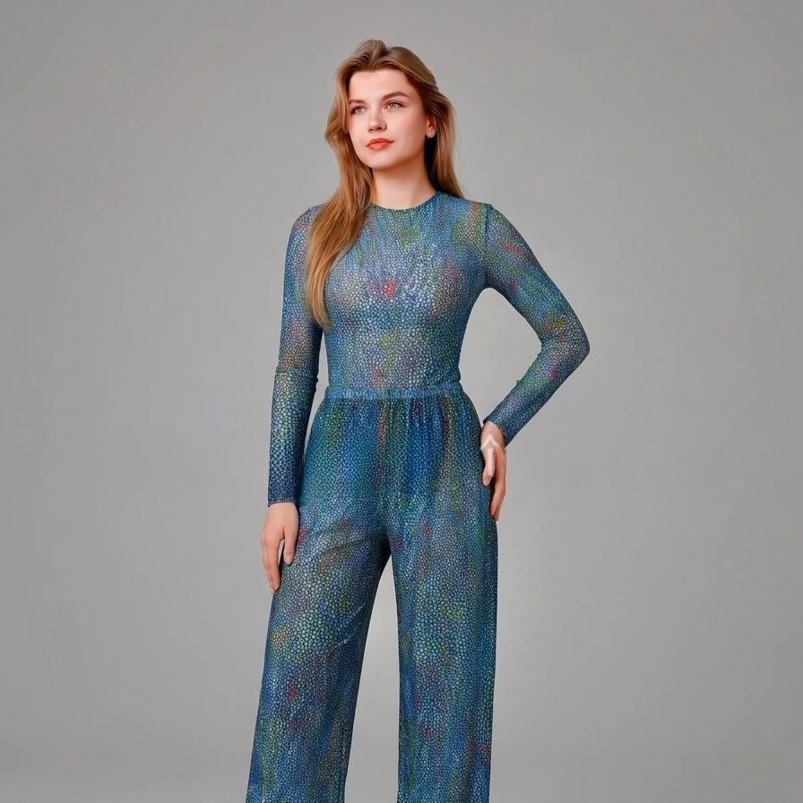 New Women 2 Piece Swimsuit Set Long Sleeve Rash Guard Top+Wide Leg Pants Blue Dot Print UPF50+ Quick Dry Surf Beach Bathing Suit