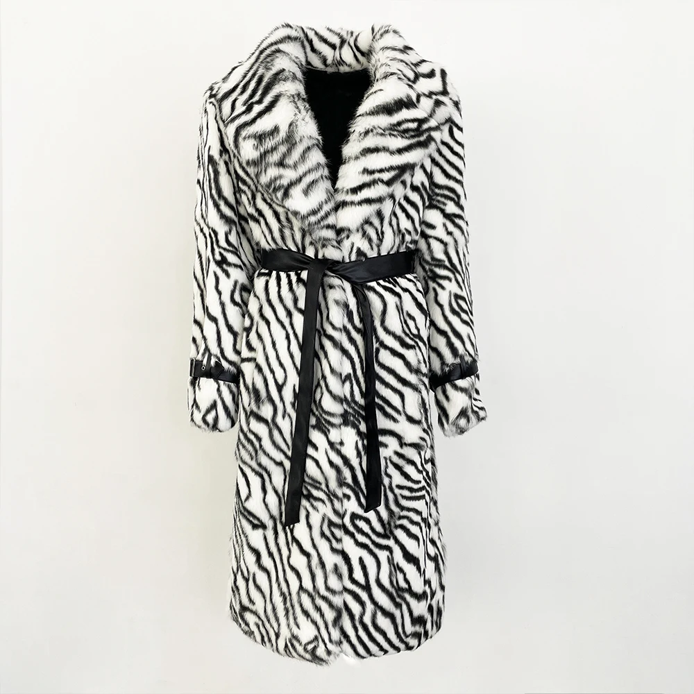 فوق الركبة جلد كامل المستوردة المرأة موضة ليوبارد طباعة معطف سميكة الدافئة الفراء المتكاملة الخريف الشتاء معطف فرو الأرنب #5