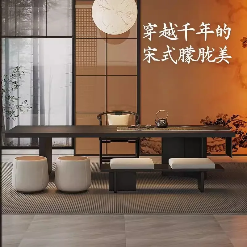 

YFY Song Dynasty aesthetics solid wood large board tea table tea table a complete set of one table five chairs living room