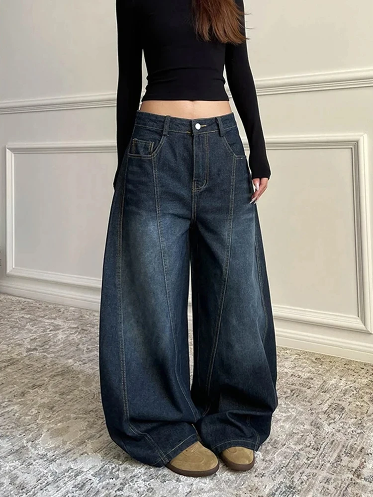

Dark Blue Retro Wide Leg Loose Denim Pants Y2K 2000s Women's High Waist Baggy Jeans Summer Korean Plus Size Women Clothes