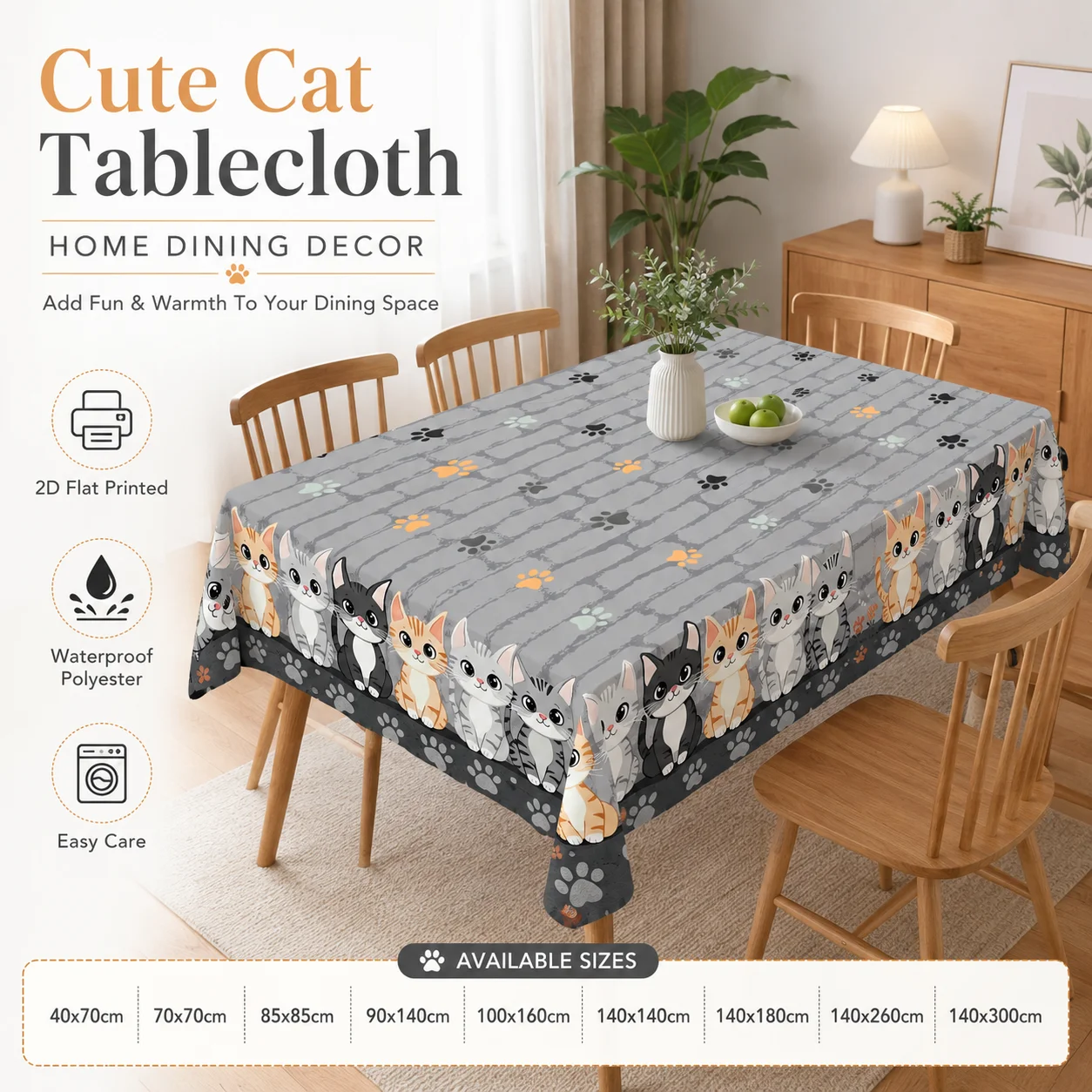 

Cute Cat Waterproof Polyester Tablecloth 2D Flat Printed Cartoon Animal Table Cover For Kids Party Kitchen Dining Room Decor