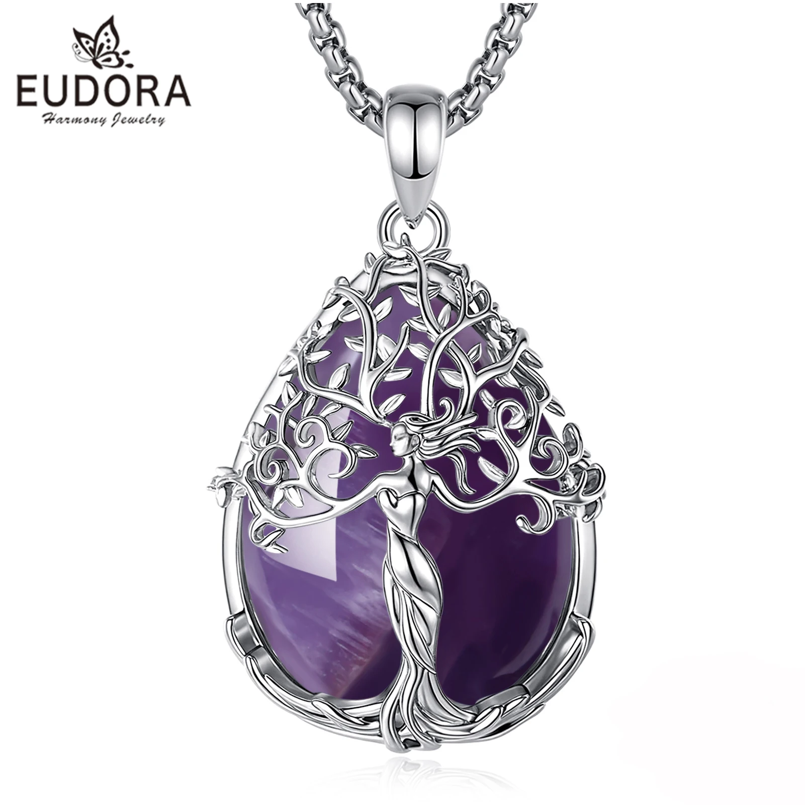 

Eudora Tree of Life Goddess Necklace Amethyst Healing Crystal Stone Pendant Spiritual Jewelry Holiday Gift for Women Mother