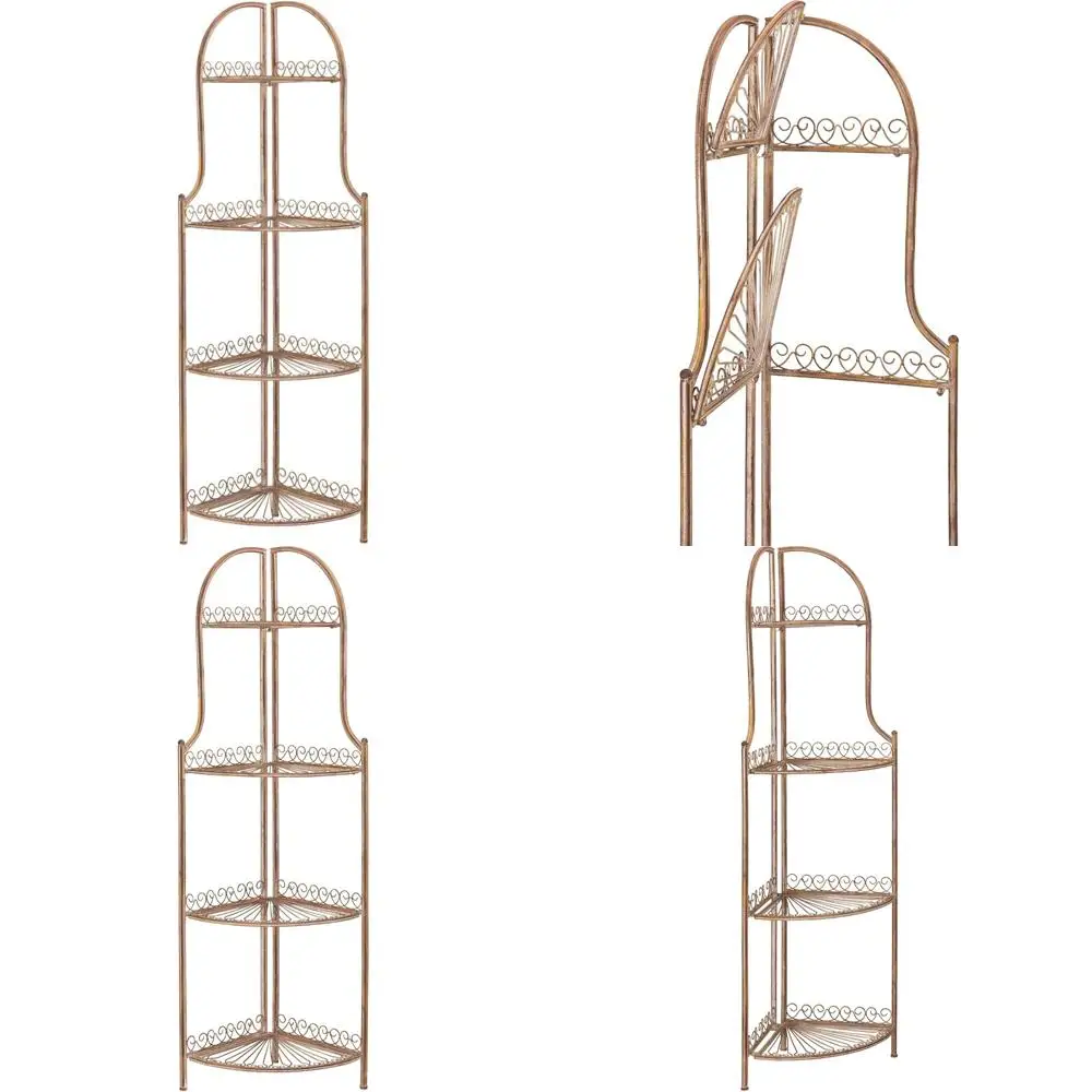 Mensola angolare da esterno rustica in ferro battuto arancione, soluzione di stoccaggio a 4 livelli per patio e giardino