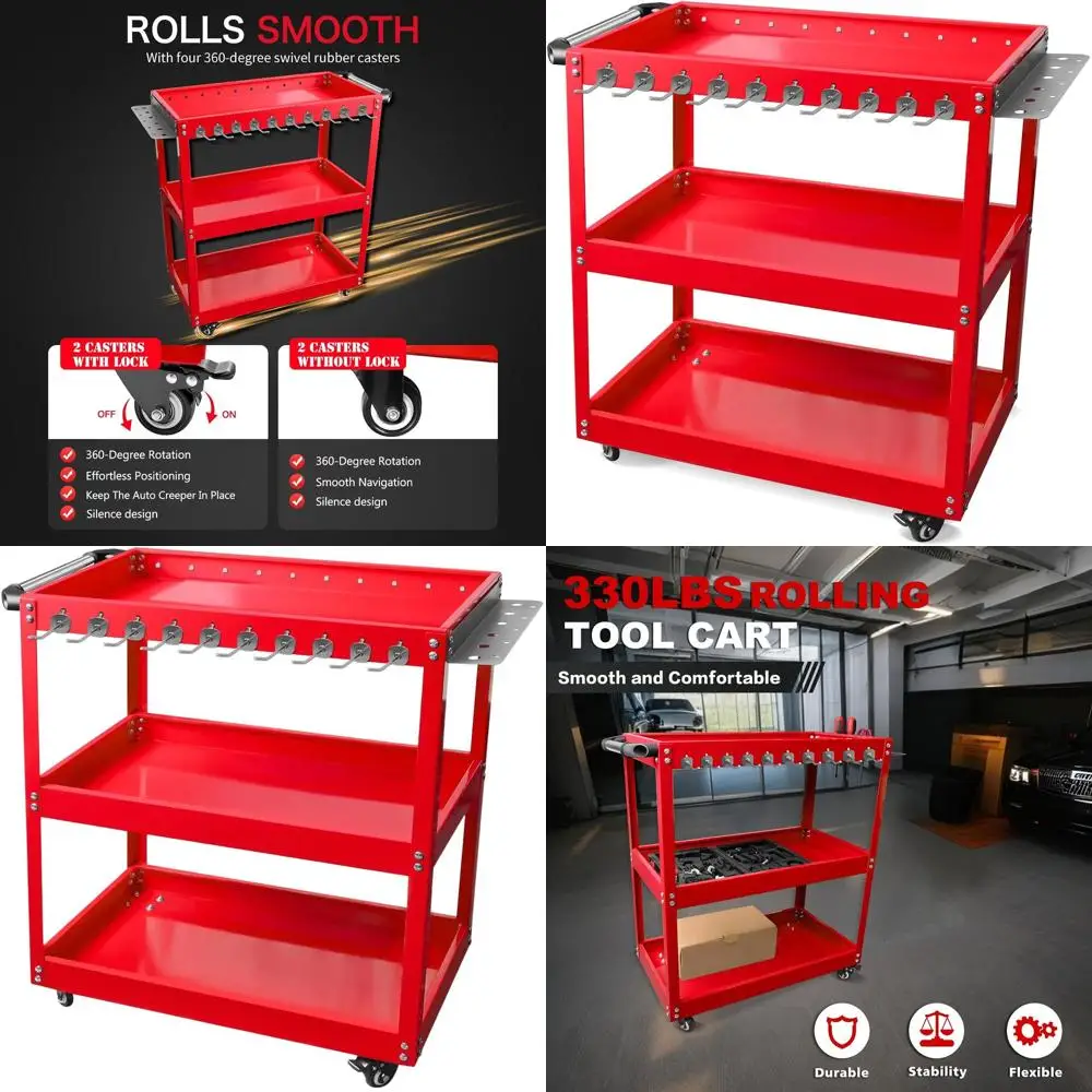 

3-х уровневая металлическая тележка для инструментов на колесиках с боковыми крючками, универсальная тележка емкостью 330 фунтов для хранения в гараже и на складе
