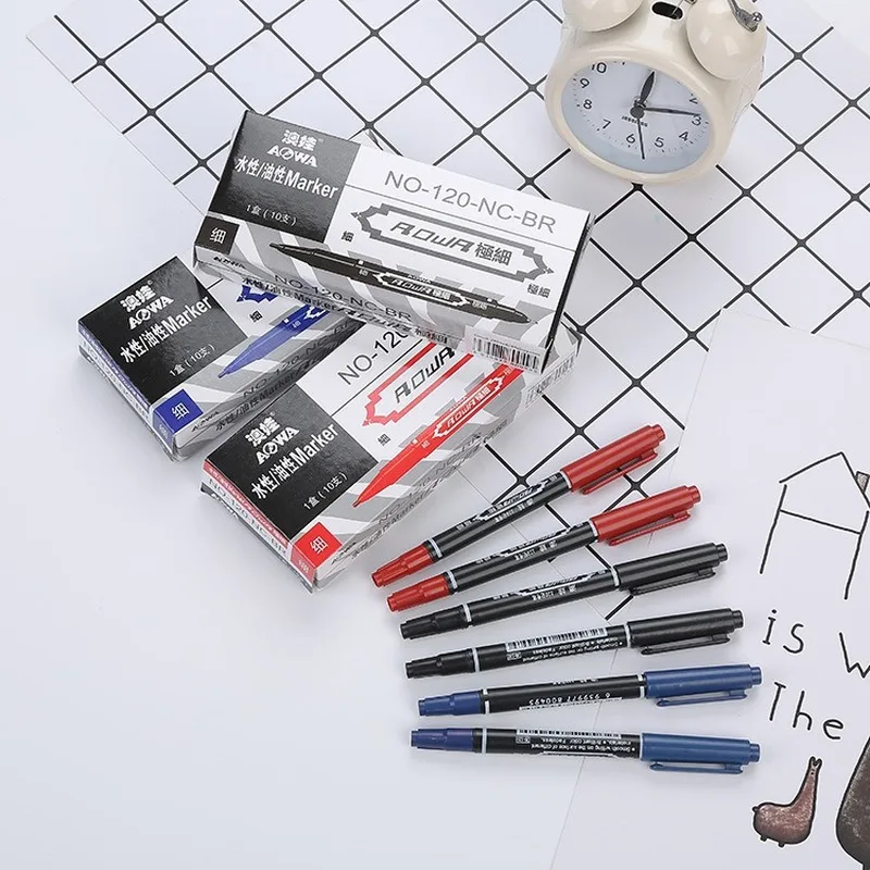 5pcs/lot Wholesale Twin Tip Permanent Marker Pen Fine Point Waterproof Ink Thin Nib Crude Nib Black Ink 0.5mm-2mm Fine Color