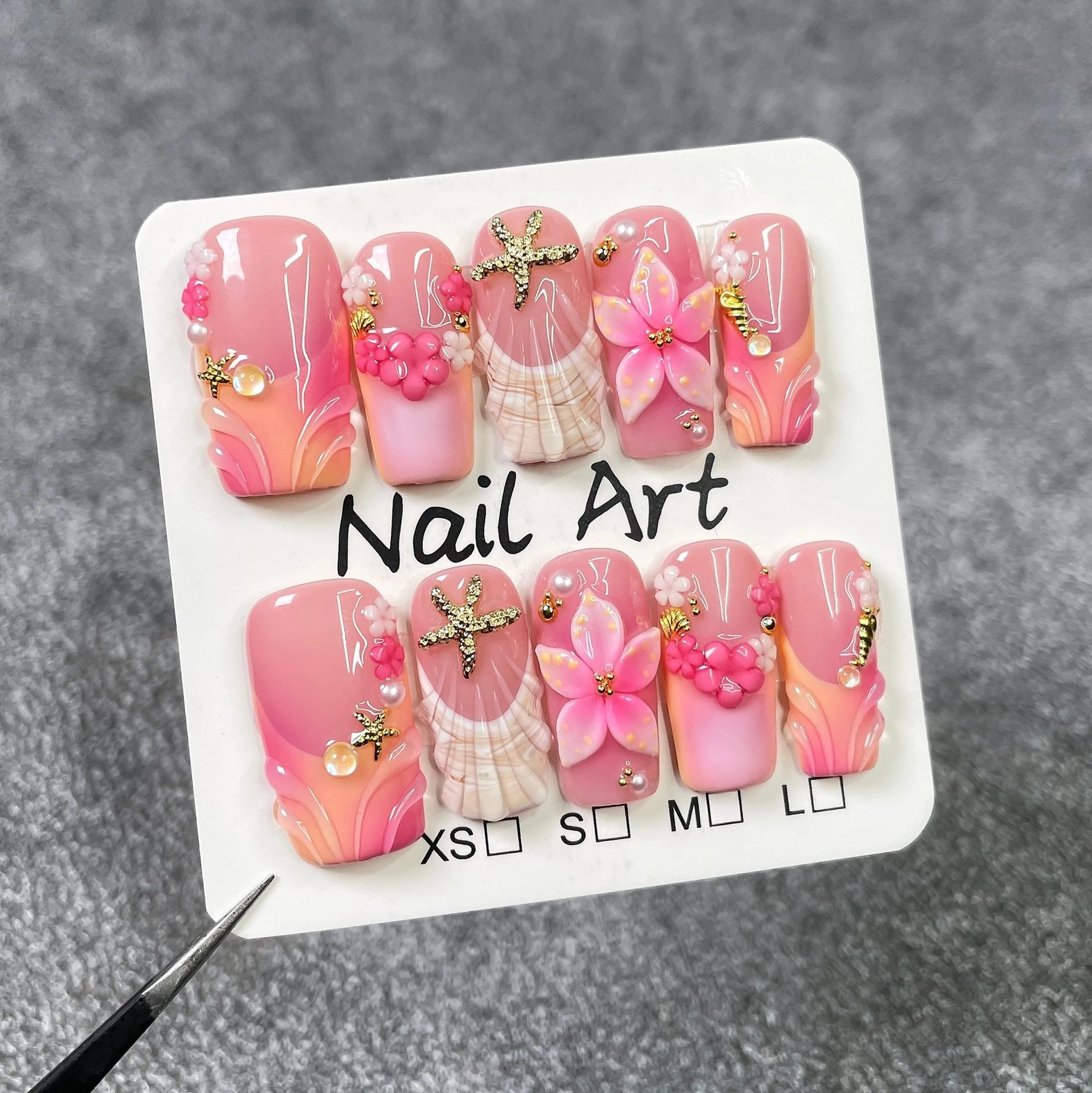 

10Pcs Mid-length Square Pink False Nail Dreamy Gradient Ocean-style Nail Art Sweet 3D Flowers Hot Girl Wearable Manicure Fashion