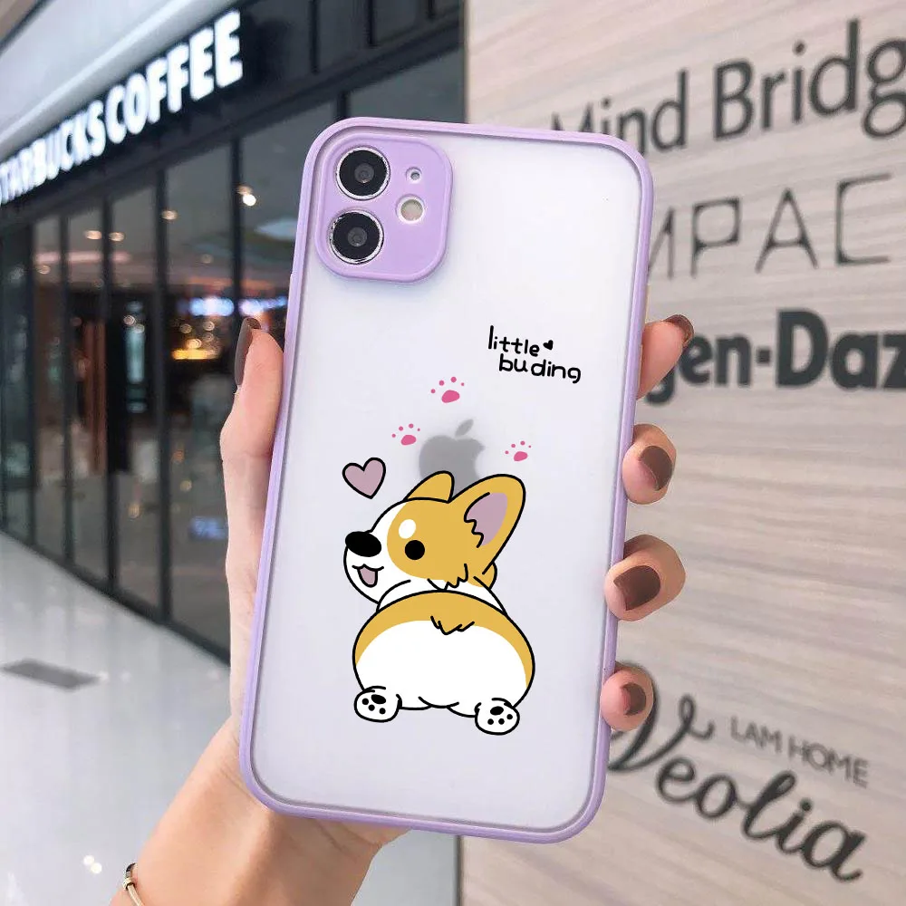 GYKZ Cartoon Dog Corgi Phone Case For iPhone 14 15 13 12 11 Pro XR X XS MAX SE2 8 Plus Pink Love Heart Transparent Matte Coque