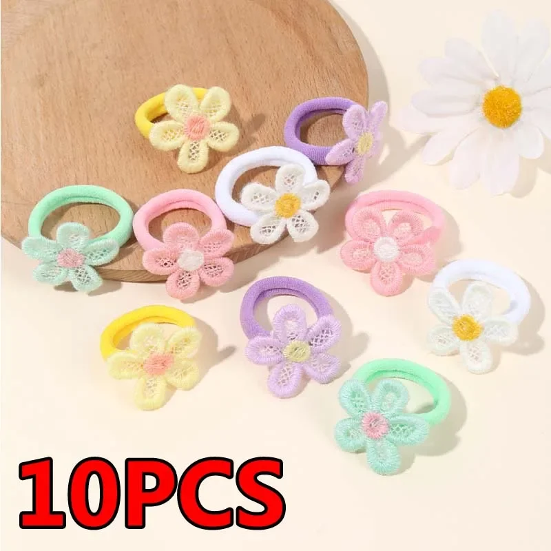 ncmama 10Pcs Colorful Daisy Hair Ties Floral Ealstic Hair Band for Girls Ponytail Hold Scrunchie Rubber Fashion Hair Accessories