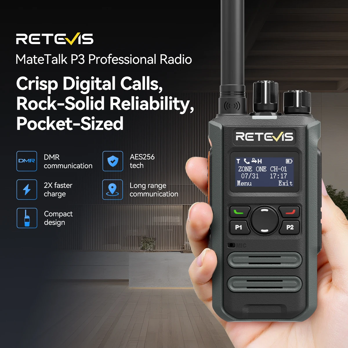 

Retevis P3 DMR Two Way Radio Fast Charging Long Battery Life Compact Stylish Secure Walkie Talkie for Hotels Schools Retail