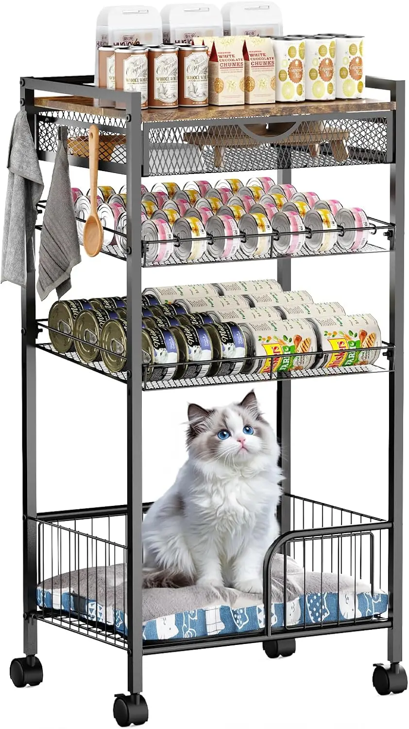 

Cat Food Organizer，Multi-Functional Canned Food and Cat Bed Rolling Storage Cart,Manually Adjust The Gap Size，Store Su