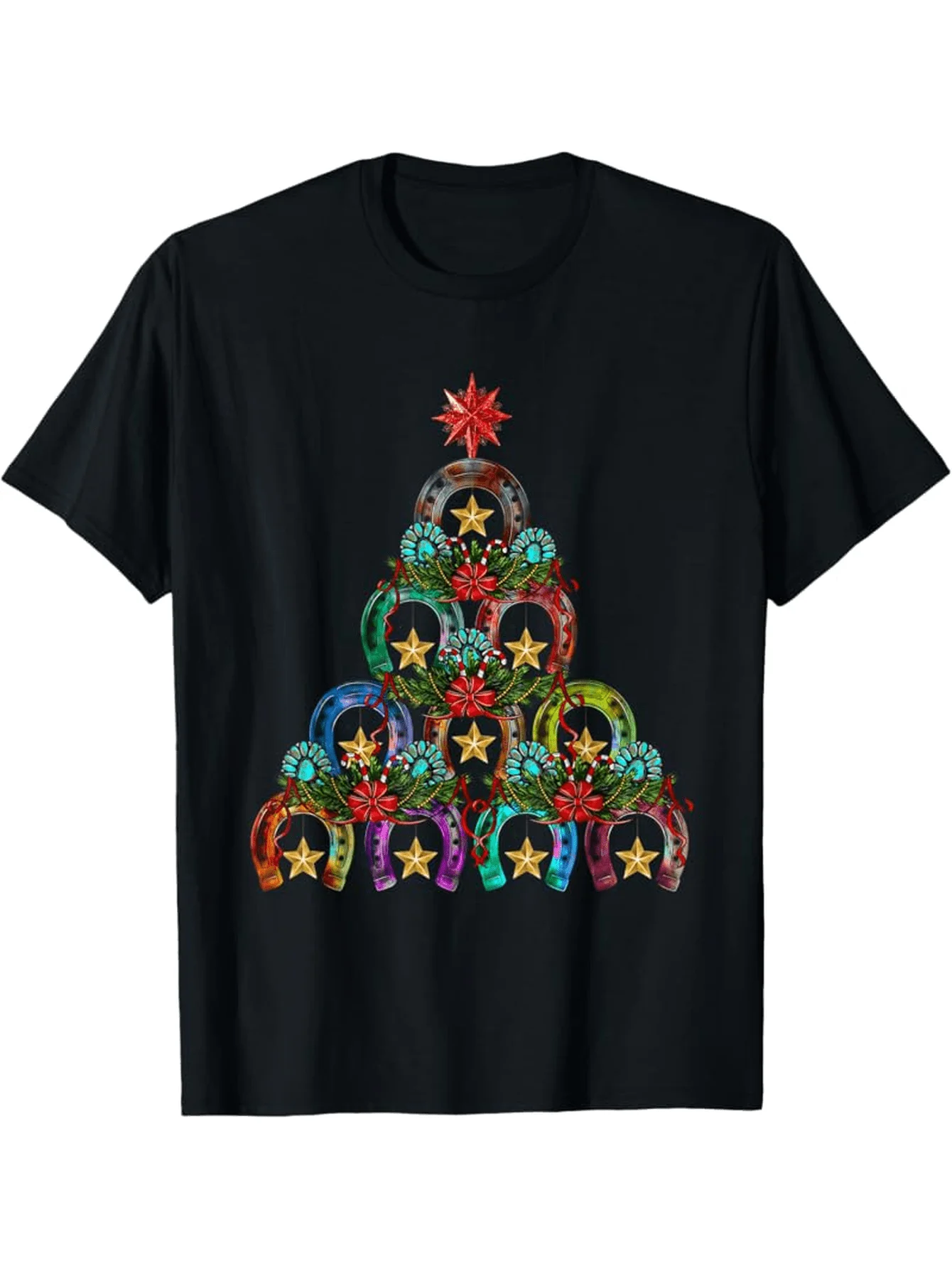 Men'S Horse Shoe Christmas Tree Graphic T-Shirt - Short Sleeve Casual Round Neck with Multicolor Horse Shoe Graphic T Shirts