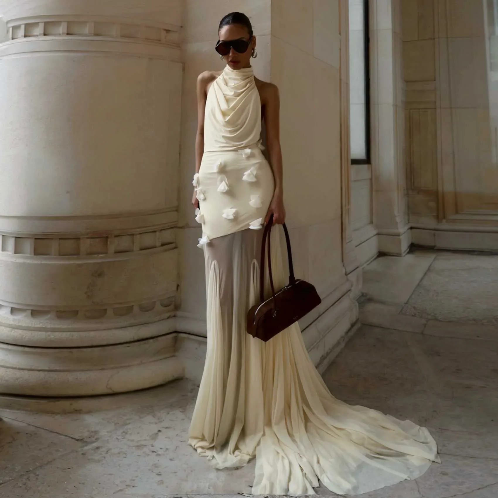 Elegant Ivory Halter Evening Gown Draped High Neck 3D Flower Embellished Sheer Mermaid Skirt Trailing Train Women Formal Prom We