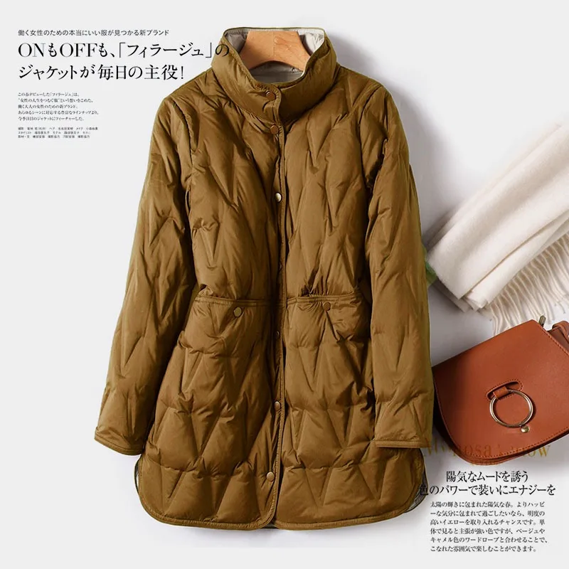 Luxury Women's Autumn Winter New Warm Down Jacket Mid-Length Lightweight Two-Tone Colour Reversible White Duck Down Outerwear